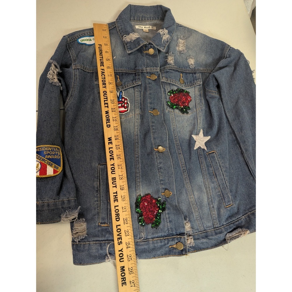 Say What? Oversized Denim Jacket XS Sequin Tiger Rose Patches Distressed Jean - Picture 5 of 16